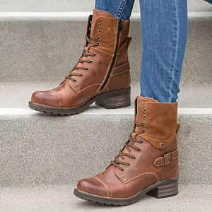 Women's vintage lace-up buckle biker boots flat heel combat boots with zipper