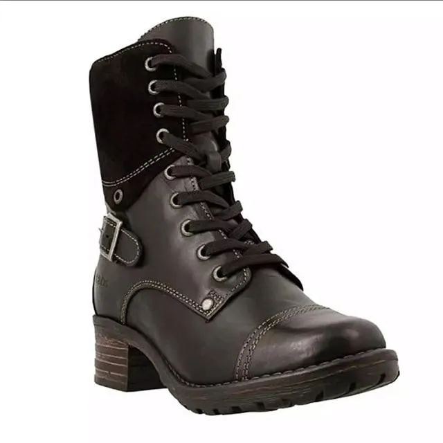 Women's vintage lace-up buckle biker boots flat heel combat boots with zipper