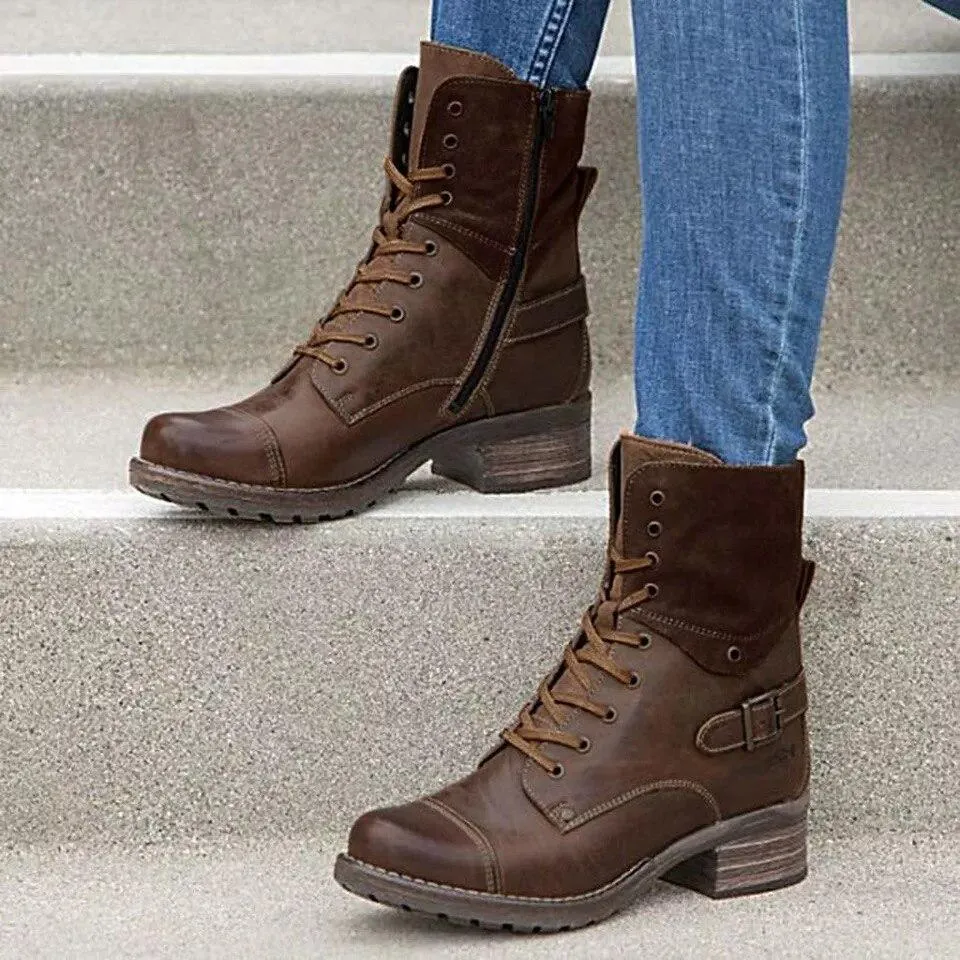 Women's vintage lace-up buckle biker boots flat heel combat boots with zipper