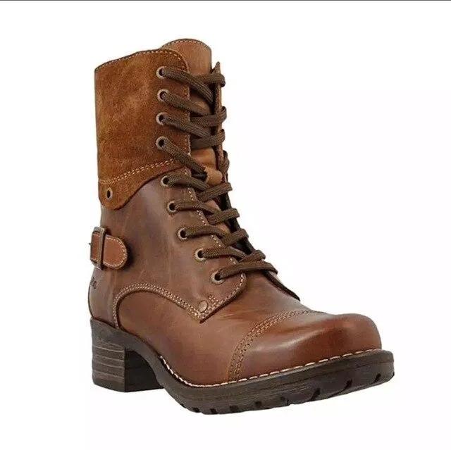 Women's vintage lace-up buckle biker boots flat heel combat boots with zipper