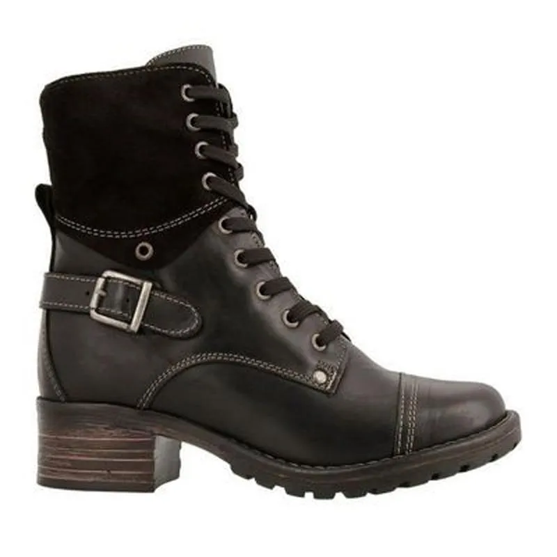 Women's vintage lace-up buckle biker boots flat heel combat boots with zipper