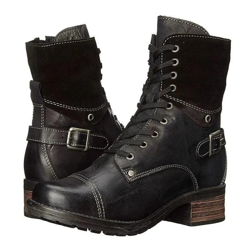 Women's vintage lace-up buckle biker boots flat heel combat boots with zipper