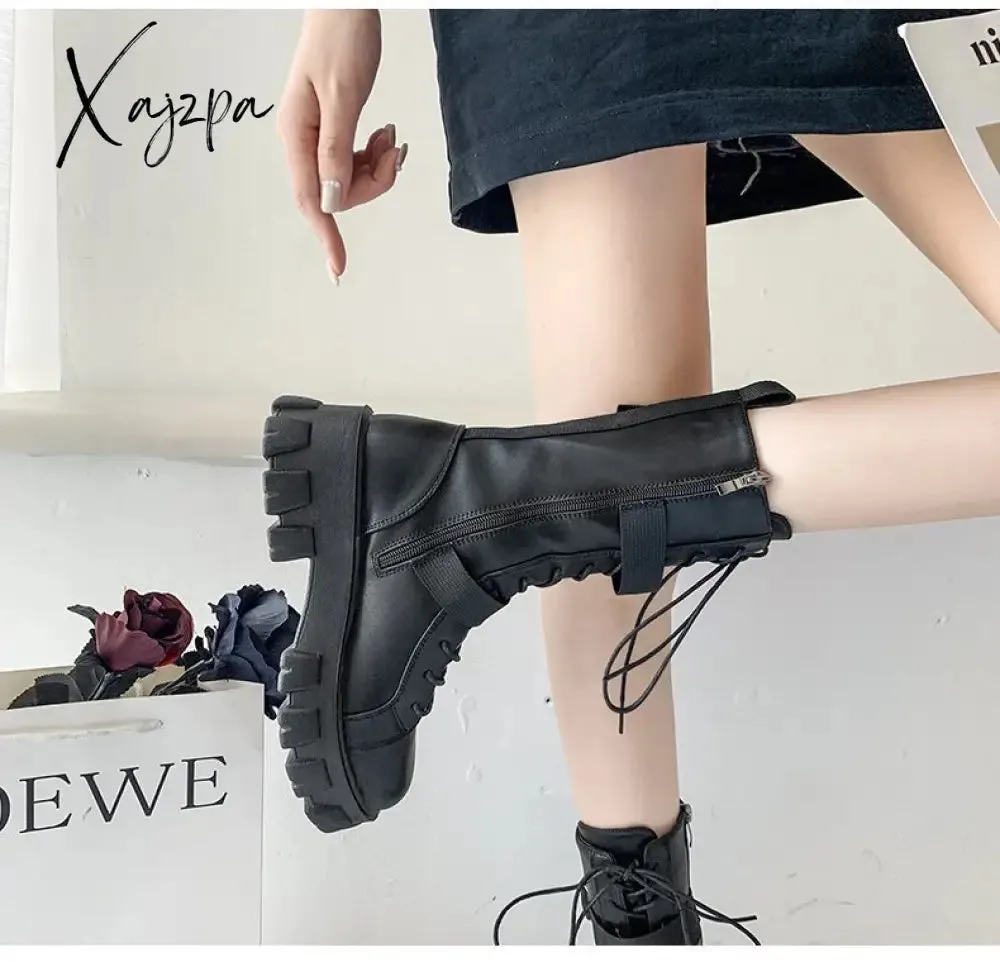 Xajzpa - Women Boots New Lace-Up Platform Shoes Leather Boots Women British Short Boots Ladies Ankle Boots Fashion Boots