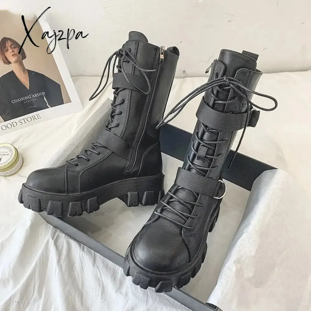 Xajzpa - Women Boots New Lace-Up Platform Shoes Leather Boots Women British Short Boots Ladies Ankle Boots Fashion Boots