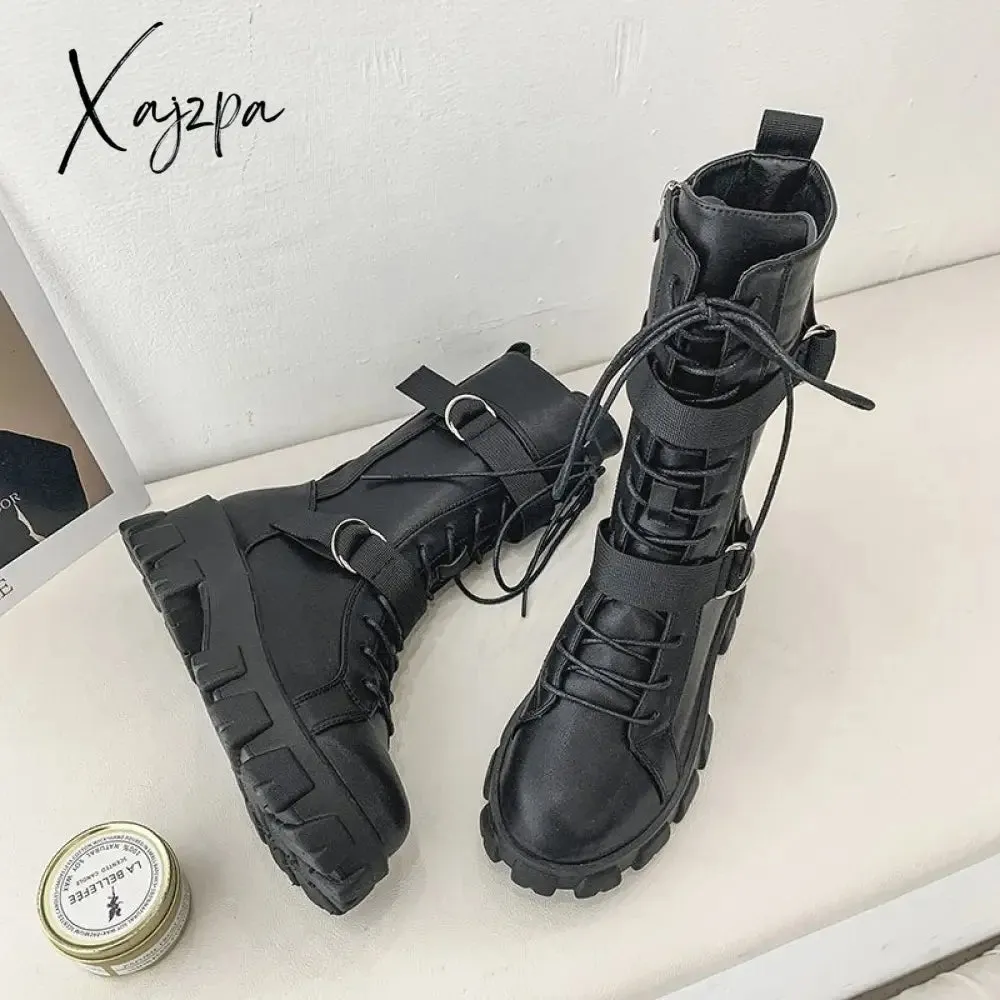 Xajzpa - Women Boots New Lace-Up Platform Shoes Leather Boots Women British Short Boots Ladies Ankle Boots Fashion Boots