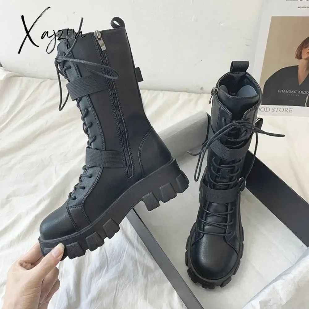 Xajzpa - Women Boots New Lace-Up Platform Shoes Leather Boots Women British Short Boots Ladies Ankle Boots Fashion Boots