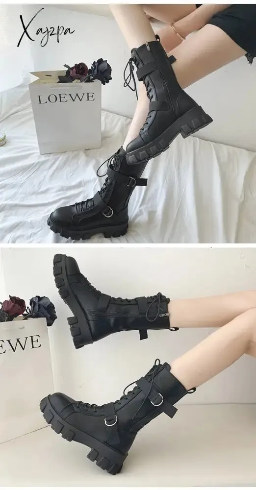 Xajzpa - Women Boots New Lace-Up Platform Shoes Leather Boots Women British Short Boots Ladies Ankle Boots Fashion Boots