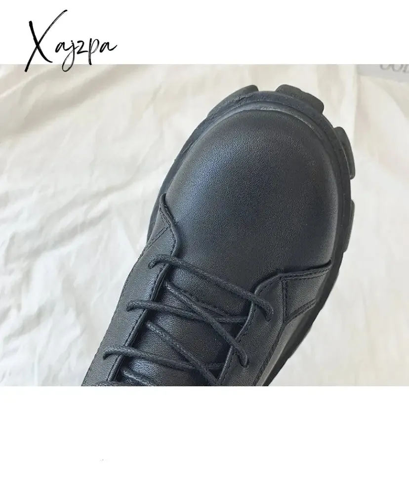 Xajzpa - Women Boots New Lace-Up Platform Shoes Leather Boots Women British Short Boots Ladies Ankle Boots Fashion Boots