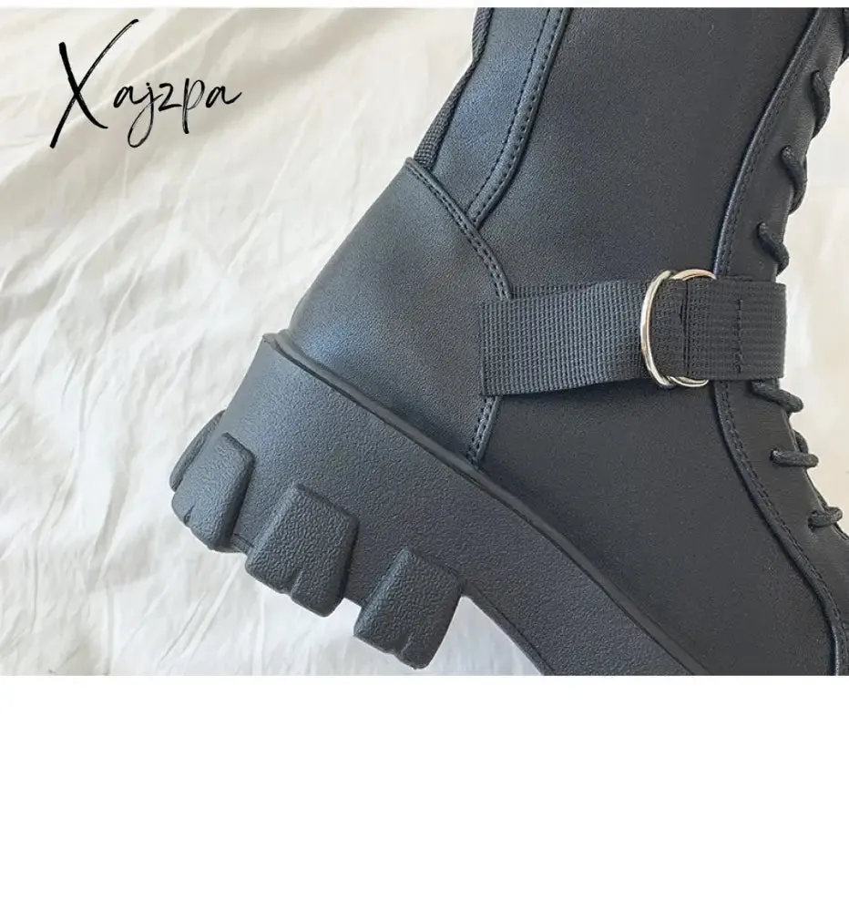 Xajzpa - Women Boots New Lace-Up Platform Shoes Leather Boots Women British Short Boots Ladies Ankle Boots Fashion Boots