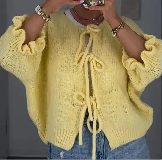 Yellow Long Sleeve Lace-Up Knitted Cardigan