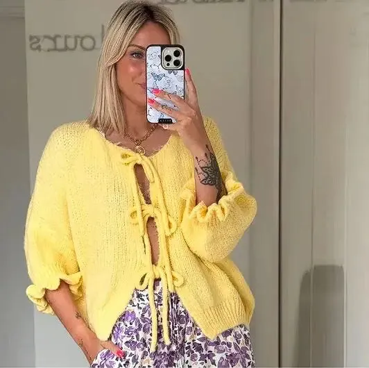 Yellow Long Sleeve Lace-Up Knitted Cardigan